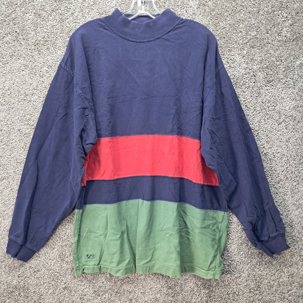 Vintage Benchline Mens XL Long Sleeve Mock Neck Colorblock Cotton Shirt Navy